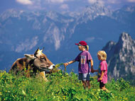 Ferien im Allgäu: Kinder mit Kuh auf der Almweide